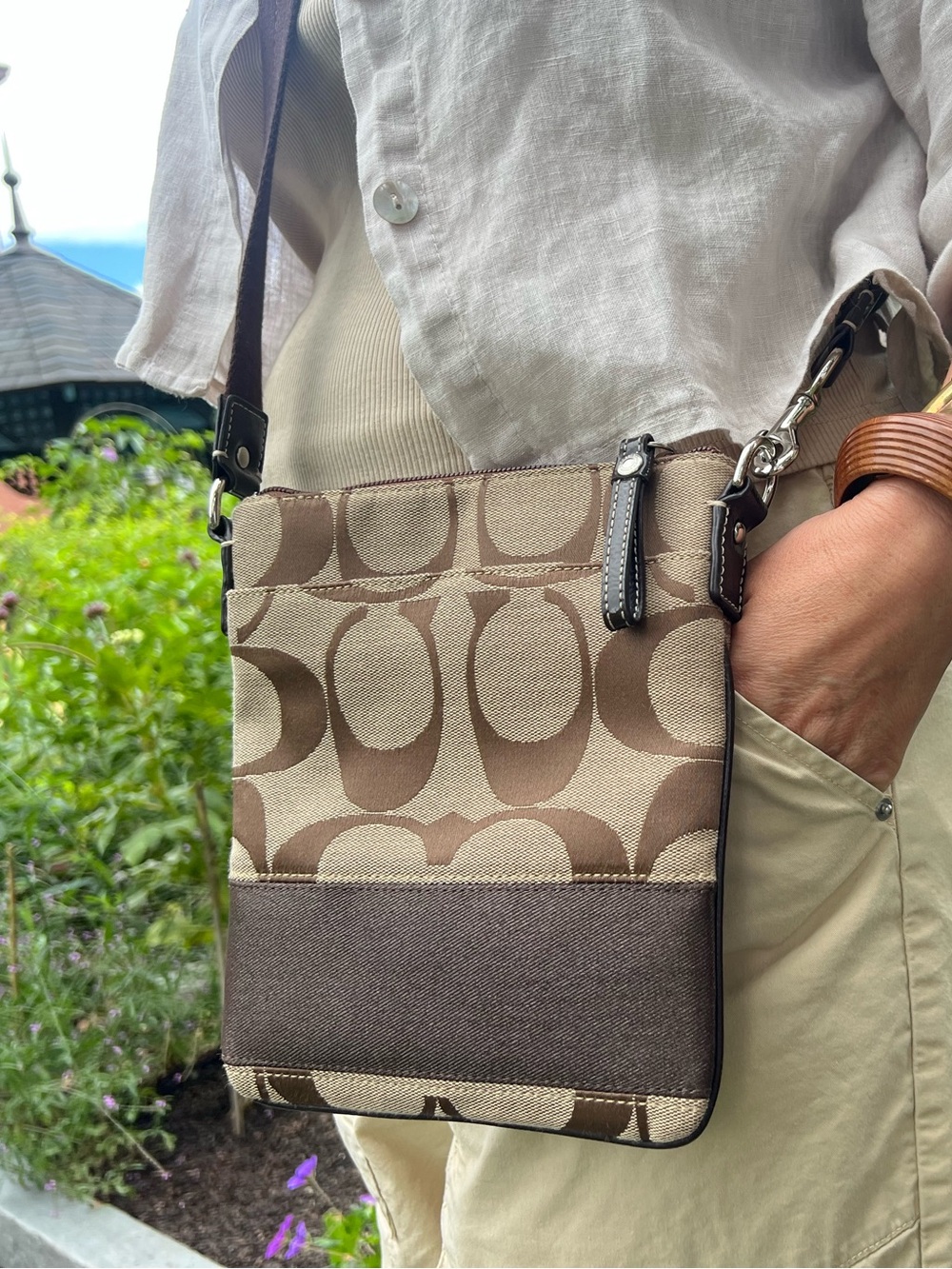 Coach Beige/Brown Canvas Crossbody Messenger, Zip Top Closure.